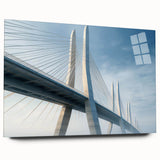 Side view of a contemporary acrylic glass wall art piece showcasing a vibrant landscape bridge design, ideal for modern home decor and enhancing interior aesthetics.
