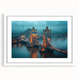 Framed wall art featuring a serene landscape with a bridge, designed with a white mat and sleek frame, perfect for enhancing home decor aesthetics.