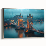 Framed canvas wall art showcasing a picturesque landscape with a prominent bridge, accented by a silver frame and vibrant colors, perfect for home decor.