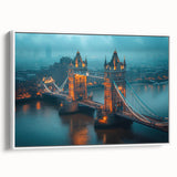 Framed canvas wall art showcasing a serene landscape bridge design, featuring soft colors and a white frame, ideal for contemporary home decor. This piece adds a tranquil touch to living spaces.