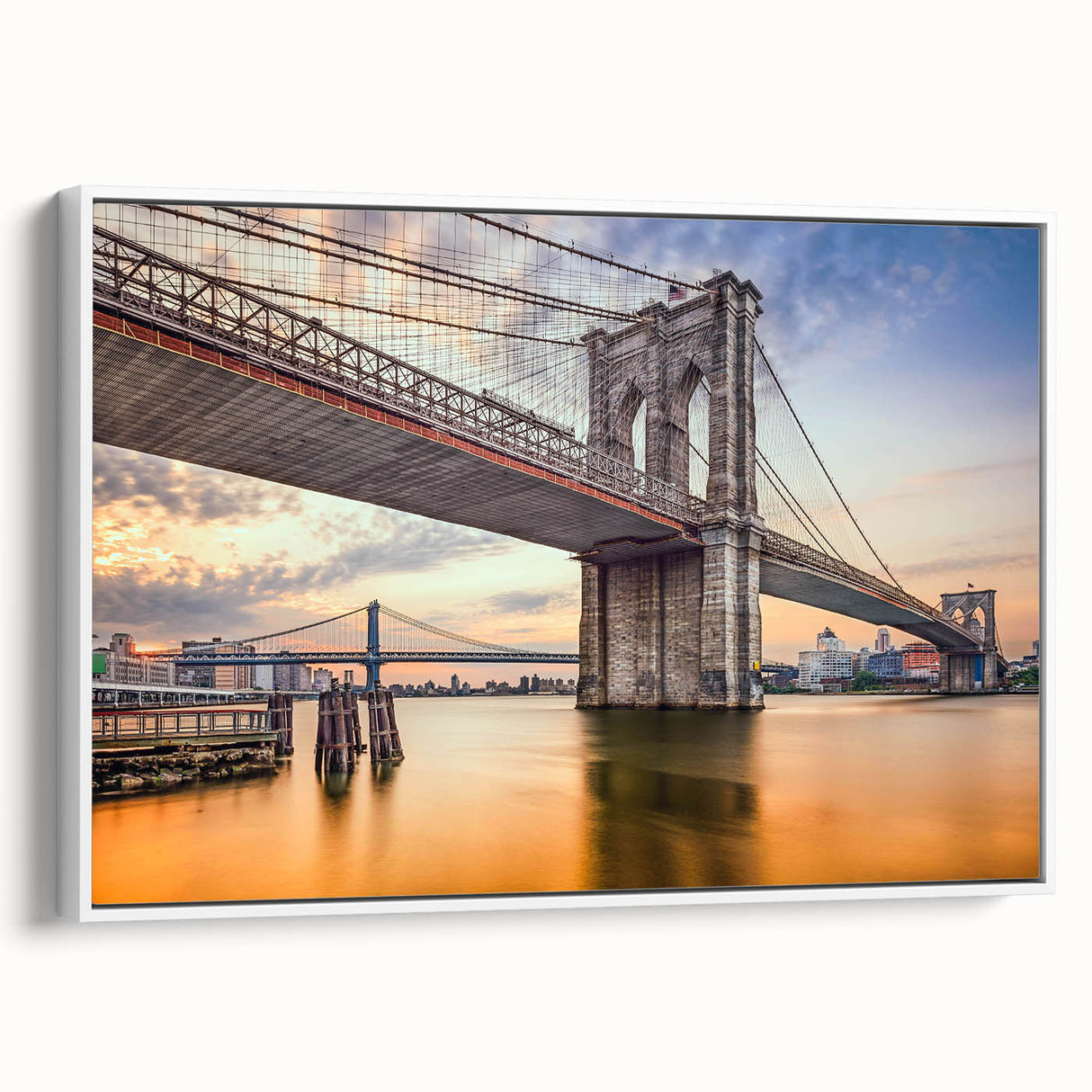Framed wall art featuring a serene landscape with a bridge, showcasing vibrant colors and intricate details, perfect for enhancing modern home decor.