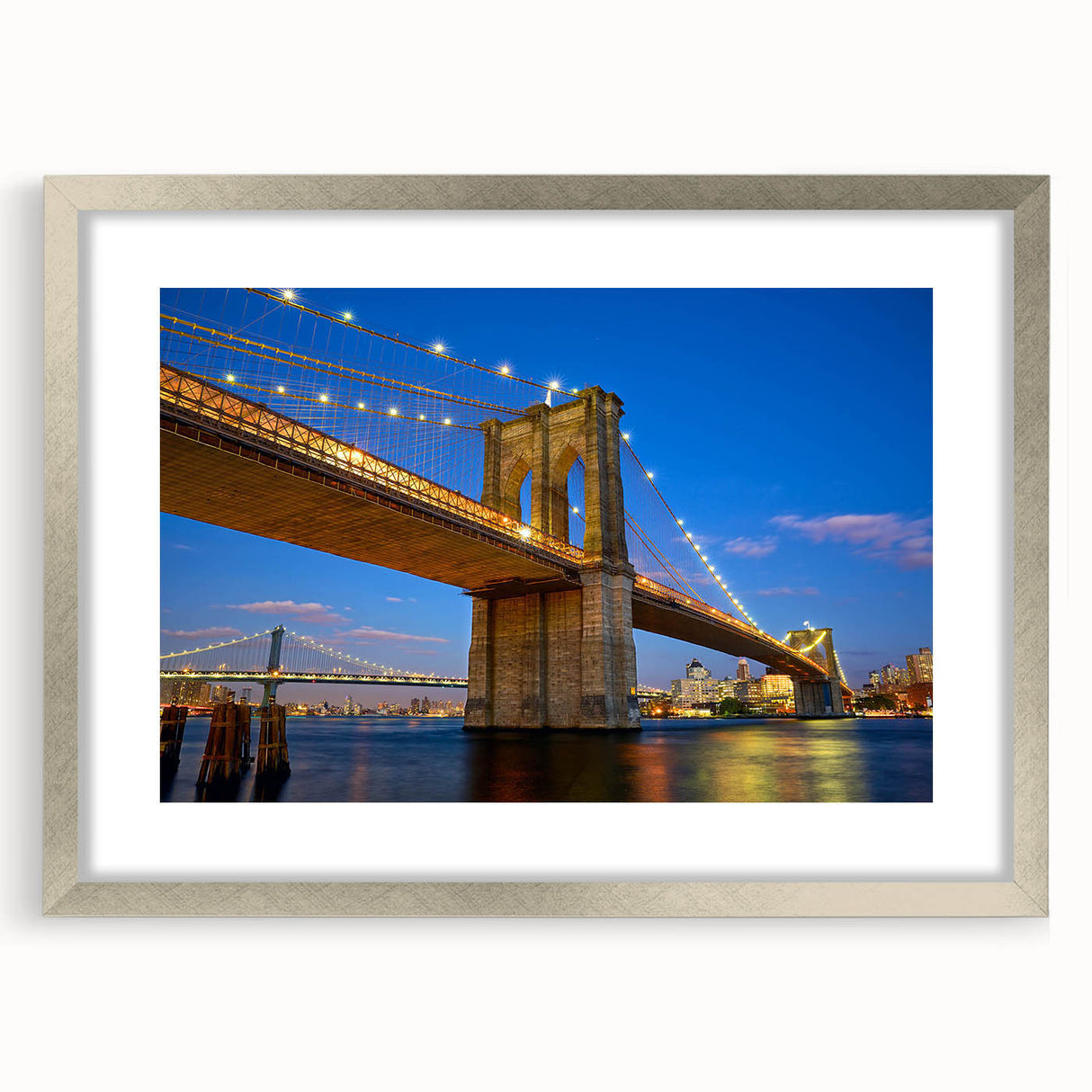 Framed landscape wall art collection featuring a silver mat and modern bridge design, perfect for contemporary home decor. Ideal for enhancing living spaces.