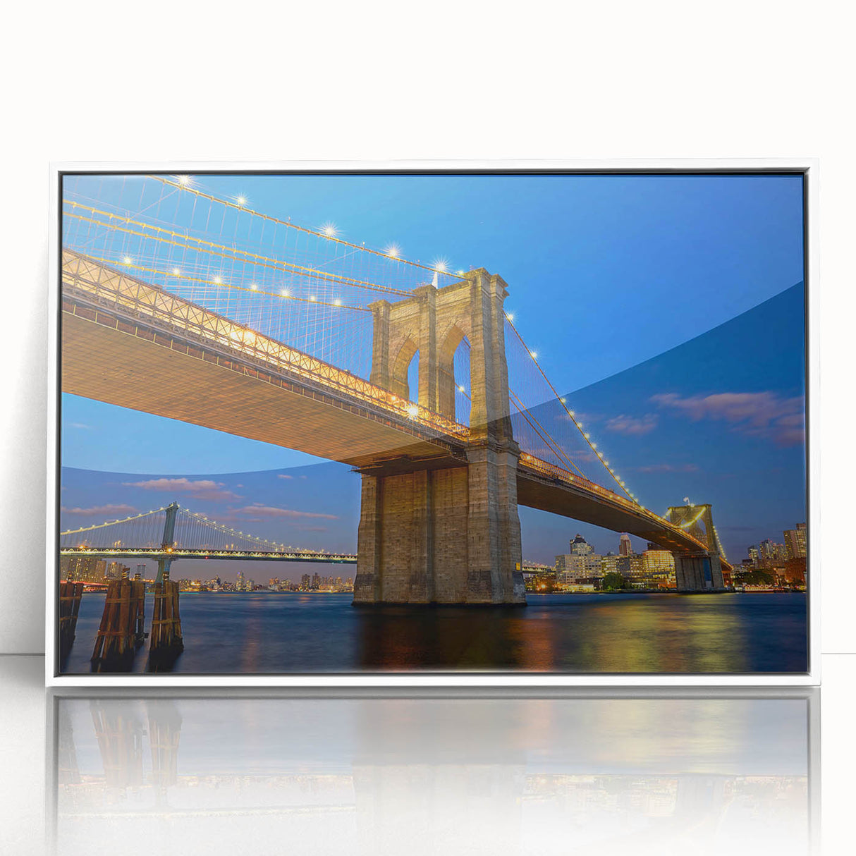 Framed acrylic wall art featuring a serene landscape design with a bridge, presented in a sleek white frame, ideal for modern home decor. Perfect for adding a touch of tranquility to any room.