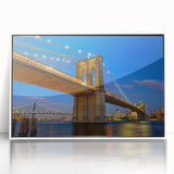 Framed acrylic wall art featuring a serene landscape design with a bridge, presented in a sleek white frame, ideal for modern home decor. Perfect for adding a touch of tranquility to any room.