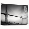 Acrylic wall art showcasing a picturesque landscape with a bridge, displayed from a side view with decorative pins, ideal for enhancing modern home decor.