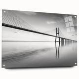Acrylic glass wall art showcasing a modern landscape design of bridges, designed for wall display. The piece features vibrant colors and a sleek side view with visible mounting pins, perfect for enhancing contemporary interiors.