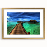 Framed wall art featuring a serene landscape with bridges, showcasing a gold mat and a sleek frame, perfect for home decor or office enhancement.