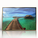 Framed wall art showcasing a stunning landscape bridge design with acrylic finish and gold accents, ideal for modern home decor. Perfect for enhancing living spaces.