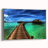 Framed canvas wall art showcasing a serene landscape with a bridge, featuring silver accents and a modern design, perfect for home decor enhancement.