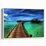 Framed canvas wall art featuring a serene landscape with a bridge, showcasing vibrant colors and intricate details, perfect for home decor and interior design.