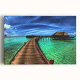 Stretched canvas wall art showcasing a vibrant abstract landscape with a bridge, featuring bold colors and intricate details, ideal for modern home decor.