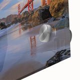 Close-up of a vibrant acrylic glass wall art piece showcasing a beautifully designed landscape bridge, featuring vivid colors and intricate details, perfect for modern home decor.