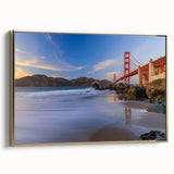 Framed canvas wall art showcasing a stunning landscape with a bridge design, featuring vibrant colors and a gold frame, ideal for enhancing home decor.