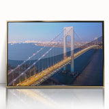 Framed acrylic wall art featuring a modern landscape bridge design with gold accents, displayed against a neutral background, ideal for contemporary decor.