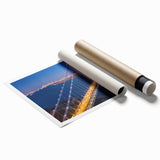 Colorful abstract landscape artwork featuring a serene bridge over water, designed for home decor. This rolled print is ideal for enhancing interior spaces with artistic flair.