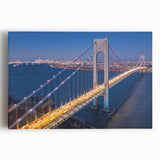 Stretched canvas wall art depicting an intricate landscape scene featuring a serene bridge over a tranquil river, surrounded by lush greenery and vibrant colors, perfect for home decor.