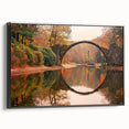 Framed canvas wall art featuring a serene landscape bridge design with vibrant colors, viewed from the side, perfect for modern home decor.