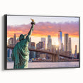 Framed canvas wall art showcasing a scenic bridge landscape design in vibrant colors, featuring a sleek black frame, ideal for home decor enhancement.