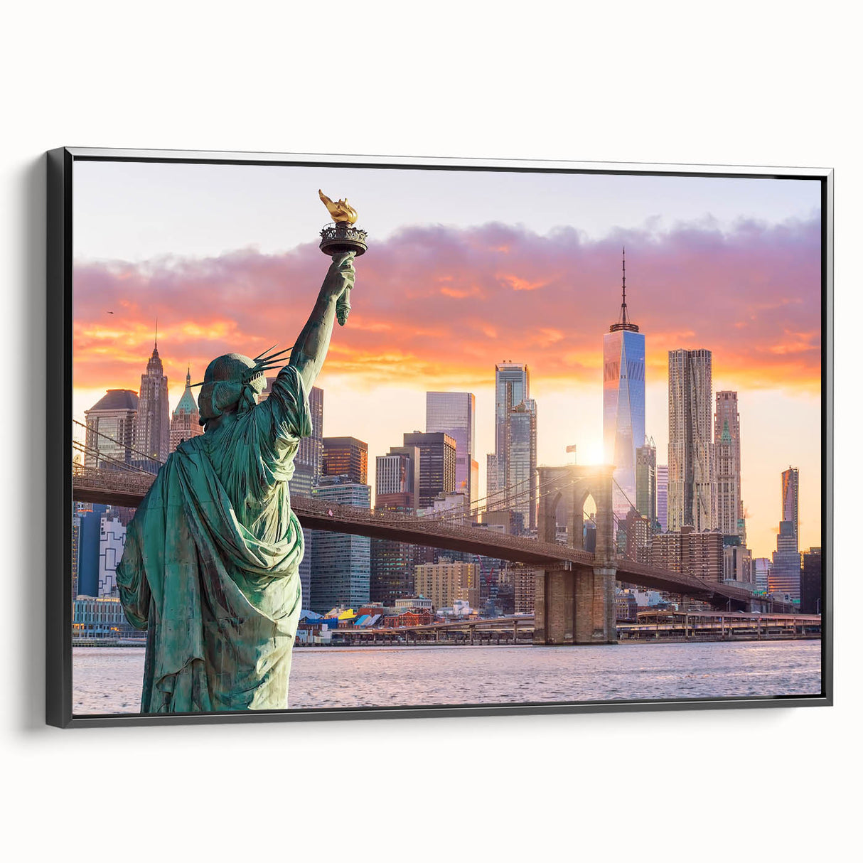 Framed canvas wall art showcasing a scenic bridge landscape design in vibrant colors, featuring a sleek black frame, ideal for home decor enhancement.