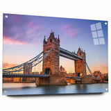 Acrylic glass wall art collection featuring a vibrant landscape and bridge design, displayed in a stylish side view with decorative pins, perfect for modern home decor.