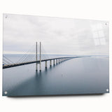 Acrylic wall art design showcasing a vibrant landscape with a bridge, featuring a side view with pins for easy hanging, perfect for modern decor enthusiasts.