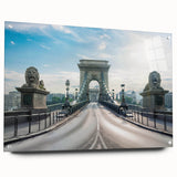 Acrylic glass wall art showcasing a side view of a modern landscape bridge design, elegantly mounted with pins, perfect for contemporary home decor.