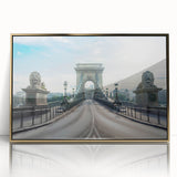 Framed wall art featuring a modern landscape design with a gold-accented bridge, showcasing vibrant colors and intricate details, perfect for home decor.
