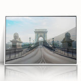 Framed acrylic wall art collection showcasing a serene landscape with a bridge, featuring vibrant colors and a modern white frame, perfect for home decor.