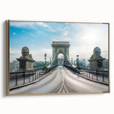 Framed canvas wall art featuring a modern landscape bridge design, elegantly showcased with gold accents, perfect for contemporary home decor.