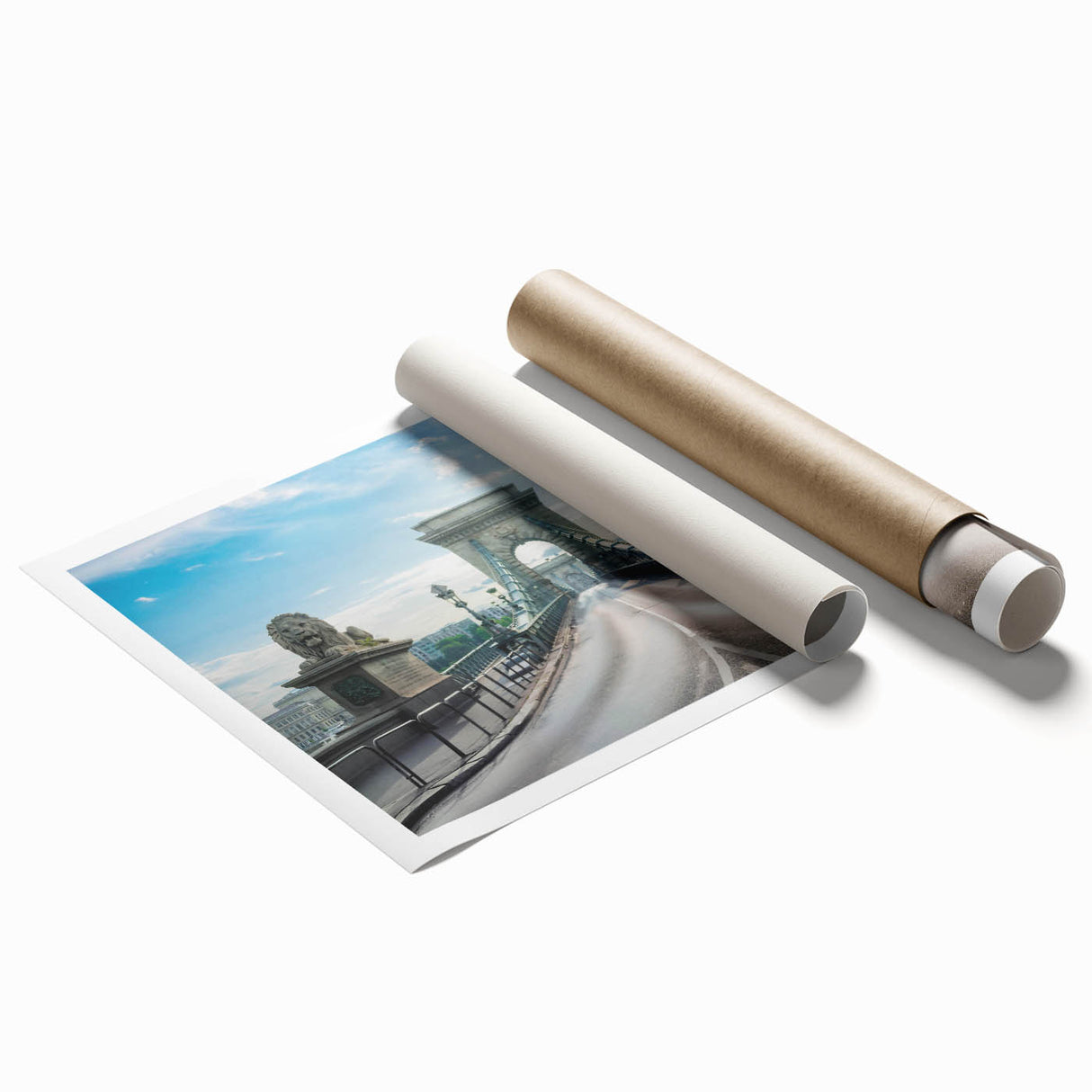 Vibrant rolled print of a modern landscape bridge design showcasing a serene river scene, perfect for home decor, featuring rich colors and intricate details.