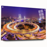 Acrylic glass wall art showcasing a vibrant landscape with a bridge design, featuring a side view and decorative pins, ideal for modern home decor.