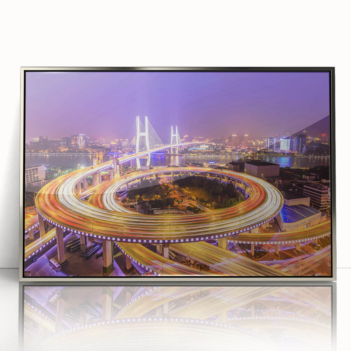 Framed acrylic wall art featuring a modern landscape bridge design in silver tones, showcasing intricate details and textures, ideal for contemporary decor.