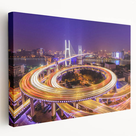 Stretched canvas artwork showcasing a serene landscape with a wooden bridge, vibrant greens, and soft blue skies, perfect for home decor. Ideal for nature enthusiasts.