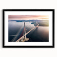 Framed black wall art showcasing a scenic bridge landscape design, elegantly matted for a sophisticated look, perfect for home or office decor.