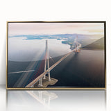 Framed acrylic wall art showcasing a stunning landscape bridge design in gold tones, perfect for modern home decor. Ideal for enhancing interior aesthetics.