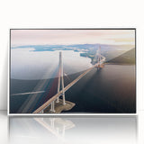 Framed acrylic wall art featuring a serene landscape with a bridge, showcasing vibrant colors and intricate details, perfect for home decor enhancement.