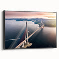 Framed canvas wall art showcasing a stunning landscape bridge design in vibrant colors, with a sleek black frame, ideal for modern home decor.