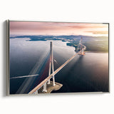 Framed canvas wall art showcasing a serene landscape with a bridge, highlighted by silver accents. Ideal for modern home decor, adding elegance to any room.