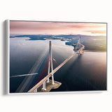 Framed canvas wall art showcasing a serene landscape with a bridge, featuring soft colors and a modern design, perfect for home decor enhancement.