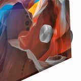 Close-up of a vibrant acrylic glass wall art piece showcasing a stunning canyon landscape, featuring rich colors and intricate details, perfect for home decor.