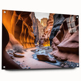 Acrylic glass wall art showcasing a stunning canyon landscape design, elegantly displayed in a side view with decorative pins, perfect for home decor enthusiasts.