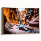 Framed canvas wall art featuring a stunning canyon landscape design with rich gold accents, perfect for modern home decor. Ideal for adding a touch of nature and elegance to living spaces.