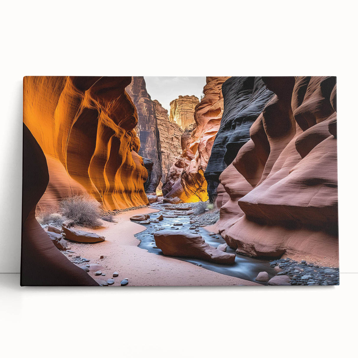 Stretched canvas wall art showcasing a vibrant canyon landscape design, featuring warm earthy tones and dramatic rock formations, perfect for home decor.