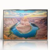 Framed acrylic artwork showcasing a stunning canyon landscape in vibrant colors, featuring silver detailing, ideal for modern home decor and wall art enthusiasts.