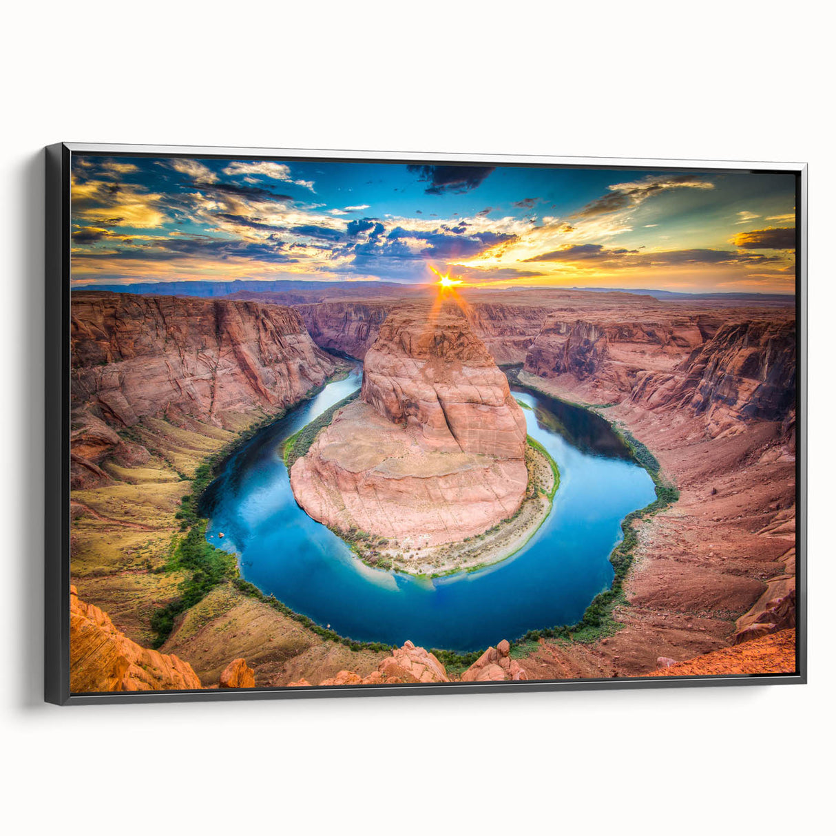 Framed canvas wall art showcasing a stunning canyon landscape design, with vibrant colors and a sleek black frame, ideal for enhancing modern home decor.