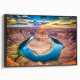 Framed canvas wall art showcasing a stunning canyon landscape design, with vibrant colors and a sleek black frame, ideal for enhancing modern home decor.