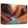 Side view of a contemporary acrylic glass wall art piece showcasing a vibrant canyon landscape design, elegantly displayed with pins, perfect for modern home decor.