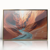 Framed acrylic wall art featuring a stunning canyon landscape design, highlighted by gold accents, perfect for enhancing modern home decor with natural beauty.