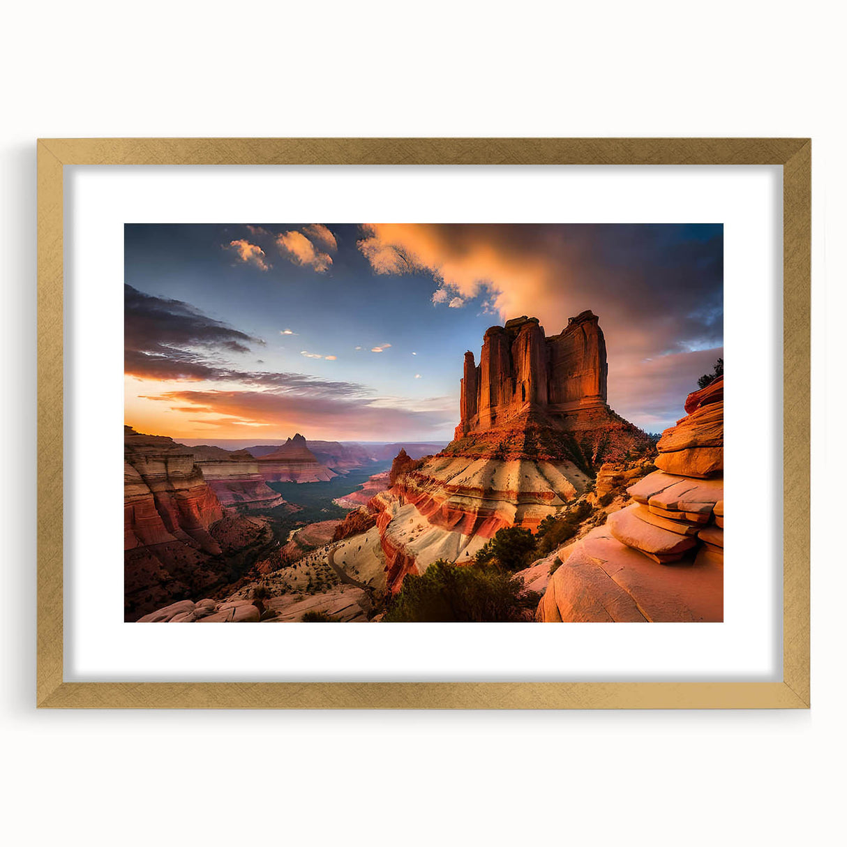 Framed wall art showcasing a vibrant canyon landscape design with gold accents, set against a white mat, ideal for adding elegance to home decor.