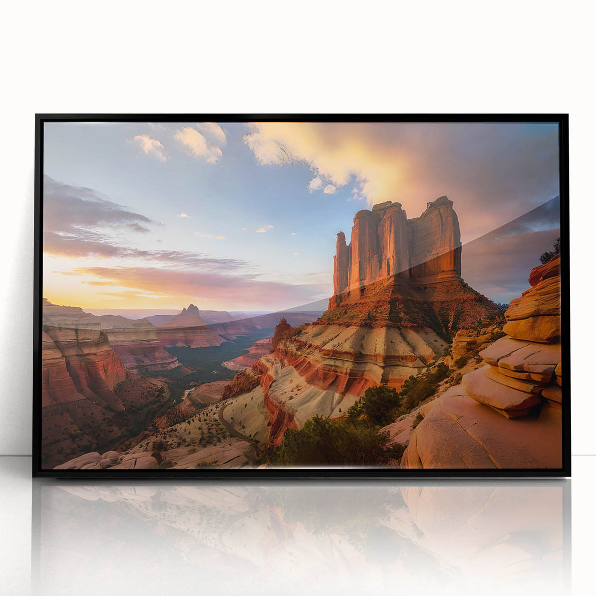 Framed acrylic wall art showcasing a vibrant canyon landscape design, featuring rich earth tones and intricate details, perfect for enhancing modern home decor.